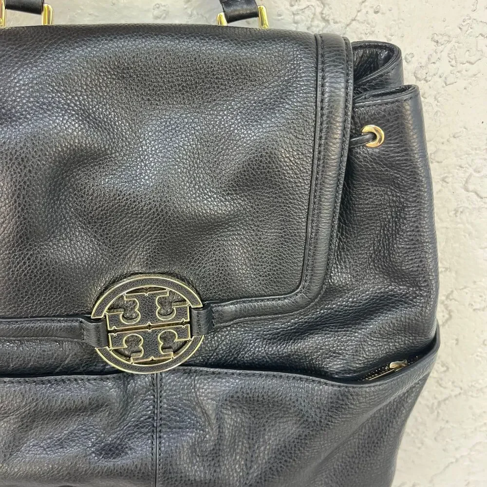 Tory Burch Amanda Flap Backpack Black Pebbled Leather Bag